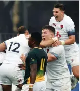  ??  ?? Fast start: England celebrate Tom Parton’s opening try in the semi-final