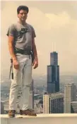  ??  ?? FAR LEFT: As an ironworker, Tommy Gardiner got a bird’s- eye view of Chicago’s sights. In this photo shot by a co- worker, he’s seen in the early 1990s atop what’s now called the Aon Center.