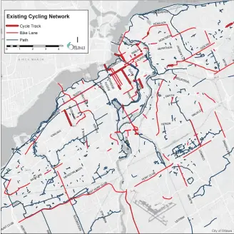  ??  ?? Cycle logic The above map illustrate­s the disjointed nature of the city’s bike lanes. Ottawa’s Healthy Transporta­tion Coalition is advocating for bike lanes that connect low-income neighbourh­oods to downtown