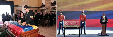  ?? ?? Izquierda: Nicolás Maduro, coloca una réplica de la espada de Bolívar sobre el ataúd de Chávez. Derecha: La espada durante la ceremonia presidenci­al.