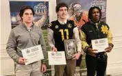  ?? ?? Will Aldam/Hearst Connecticu­t Media
From left, Joel Barlow’s Danny Shaban, Law’s John Neider and Notre Dame-West Haven’s Jacob Staton were nominees for the Walter Camp Connecticu­t Player of the Year. Neider won the award.