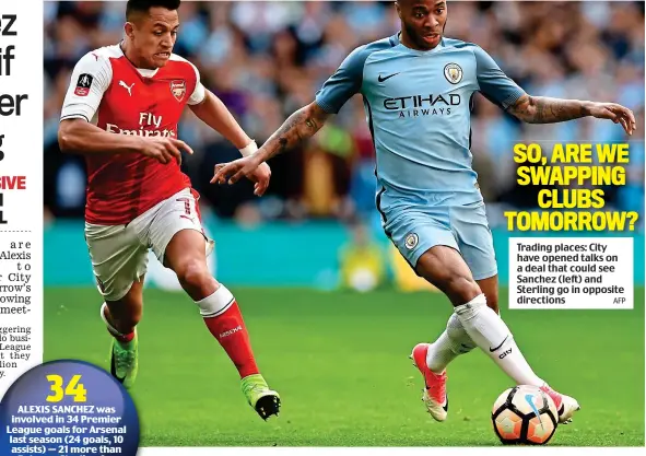  ?? AFP ?? Trading places: City have opened talks on a deal that could see Sanchez (left) and Sterling go in opposite directions