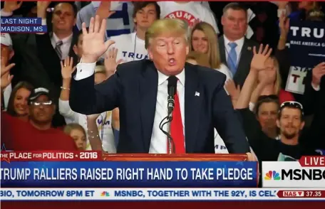  ??  ?? RAISE YOUR HAND: In a still from ‘Unfit,’ Donald Trump leads a crowd to pledge their votes to him in a Madison Wisc., rally during the 2016 campaign.