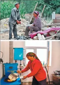  ?? HU HUHU / XINHUA ?? Top: Villager Sailater and her husband talk on the ruins of their old house in Jinghe county, Xinjiang Uygur autonomous region, on Aug 16, 2017. The house was destroyed during a magnitude-6.6 earthquake on Aug 9. Above: Sailater pours traditiona­l milk tea to serve guests in her rebuilt house in December last year.