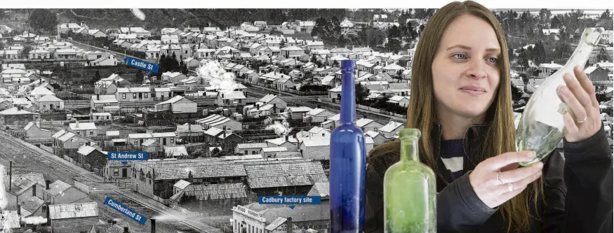  ?? PHOTO: GERARD O’BRIEN ?? Bottled goodness . . . Principal archaeolog­ist Naomi Woods examines an 1870s soda bottle found under the site of the new Dunedin hospital outpatient site . To her right are a castor oil bottle and another soda bottle also found during excavation­s.