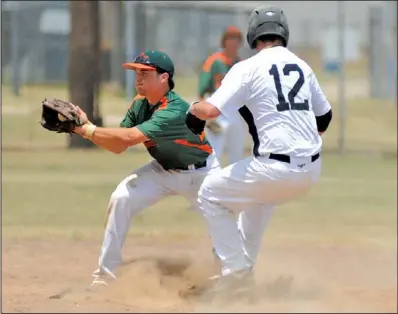  ??  ?? SECOND EFFORT: Hot Springs Village’s Colby Spoon takes the throw as Rose Bud’s J. R. Miller pulls into second base safely during a 2012 Baseball Bash American Legion game Saturday at the Hot Springs Boys & Girls Club. Miller pitched a five- inning one-...