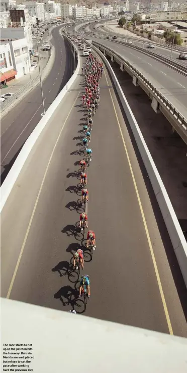  ??  ?? The race starts to hot up as the peloton hits the freeway. Bahrain Merida are well placed but refuse to set the pace after working hard the previous day