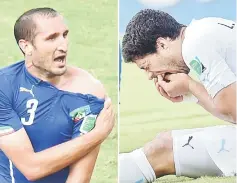  ??  ?? File photo shows Italy’s Giorgio Chiellini (leftL) showing an apparent bitemark and Suarez (right) holding his teeth after the incident during the Group D match between Italy and Uruguay at the Dunas Arena in Natal during the 2014 FIFA World Cup on...