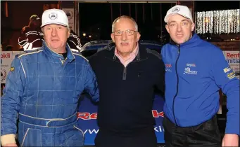  ?? Photo by Eamonn Keogh ?? Local crew Charlie and Johnny Hickey, Killarney, with Michael O’Mahoney at the finish ramp of the Rentokil Initial Killarney Historic Rally on Saturday.