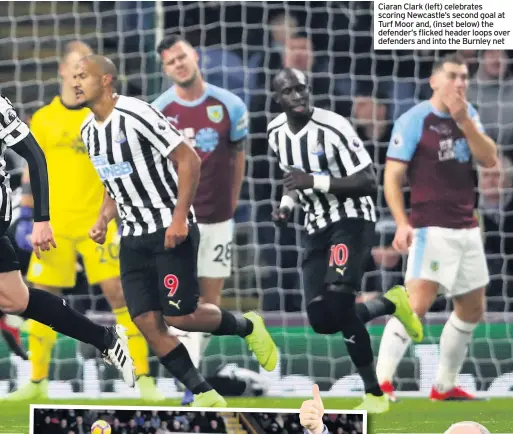  ??  ?? Ciaran Clark (left) celebrates scoring Newcastle’s second goal at Turf Moor and, (inset below) the defender’s flicked header loops over defenders and into the Burnley net