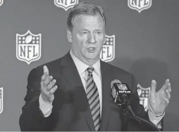  ?? BOB LEVERONE, AP ?? NFL Commission­er Roger Goodell, speaking after the owners meetings Tuesday, denied that the league tried to influence a brain research study that the league helped to fund.