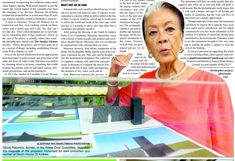  ?? GLADSTONE TAYLOR/MULTIMEDIA PHOTO EDITOR ?? Gloria Palomino, founder of the Police Civic Committee, describes the maquette of the proposed monument for slain policemen and women at Devon House, St Andrew.