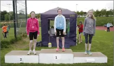  ??  ?? Pictured at the Wicklow Athletics County Championsh­ips at Charleslan­d from the javelin under-14 competitio­n were Bonnie Bell King from Inbhear Dee (second), Aimee Bell King, Inbhear Dee, (first) and Órlaith O’Callaghan (third) from Bray Runners.