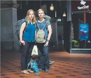  ??  ?? “I’ve dreamed about going to an airport, looking at the board and saying, ‘OK, I want to go there.’ And that’s pretty much what we’ve done,” only by rail, said Marcus Nygren, 27, traveling with Linnea Rothin, 23.