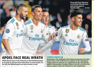  ?? REUTERS ?? times Real Madrid goals Ronaldo (From left) Karim Benzema and Cristiano Ronaldo were back among goals on Tuesday night. Sevilla 3 Spartak Moscow 1 Man City 1 Besiktas 1 Monaco 1 Maribor 1 Napoli 3 Shakhtar Donetsk 0