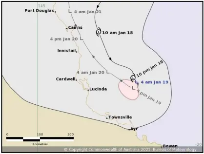  ?? Photograph: Australian Bureau of Meterology ?? Kimi weakened from a category 2 system to a storm sitting 135km north of Townsville on Tuesday morning but severe weather still risk for Queensland.