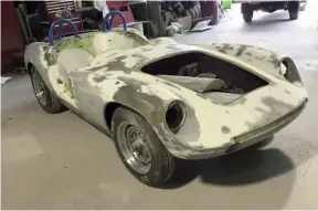  ??  ?? Below left and right: When purchased, the Devin had been painted in a pearlescen­t white. Several layers of paint were stripped off and the bodyshell sealed prior to its silver top coats