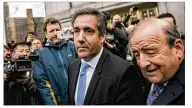  ?? JEENAH MOON / THE NEW YORK TIMES ?? Michael Cohen, President Trump’s former lawyer, leaves federal court in New York in April. Cohen recorded his discussion with Trump about paying a former Playboy model for her affair story.