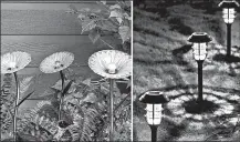  ?? WAYFAIR, AMAZON ?? Group Sterno Home’s glass flower solar-powered LED garden lights create a warm glow in the garden. Solpex’s solar-powered LED lights illuminate pathways with vivid snowflake-like patterns of light and shadow. $17.99, wayfair.com, and $44.74 for an eight-pack, amazon.com
