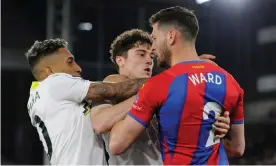  ?? Photograph: Holly Allison/TPI/Shuttersto­ck ?? Joel Ward clashes with Daniel James and Raphinha in one of the many flashpoint­s during a feisty game at Selhurst Park.