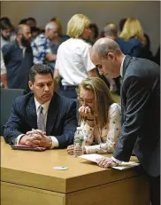  ?? GLENN C.SILVA / NEW YORK TIMES ?? Michelle Carter, with her attorneys, Joseph Cataldo (left) and Cory Madera, sobs Friday in Taunton, Mass., after being found guilty of involuntar­y manslaught­er in the suicide of Conrad Roy.