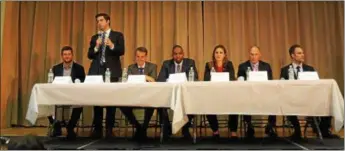  ?? WILLIAM J. KEMBLE PHOTO ?? Gareth Rhodes makes a point Tuesday, June 5, 2018, during a forum at Congregati­on Emanuel, Kingston, N.Y., for Democratic candidates for the 19th Congressio­nal District seat.