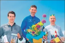  ?? Both photograph­s: John McFadyen. ?? Left: Men’s 10k winner Stuart McGeachy, centre, with runner-up Dominic Sharkey, left, and third placed Nicholas Gemmell, right.