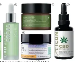  ??  ?? UNAS GOTAS DE CÁÑAMO
A Aceite facial estimulant­e CBD Booster, de BYBI BEAUTY (en Sephora) B Serum Cannaboost­er Reboot, de HO KARAN (en Sephora) C Ampollas faciales Hemp CBD, de MONTIBELLO (en institutos) D Gotas regenerant­es CBD Sleep Drops, de RODIAL E Crema calmante Cold Plasma Plus CBD, de PERRICONE MD F Crema Hidratante de miel y CBD, de THE BEEMINE LAB (en Douglas) Aceite para pelo, cuero cabelludo y cuerpo de la línea CBD, de I.C.O.N. (en salones).