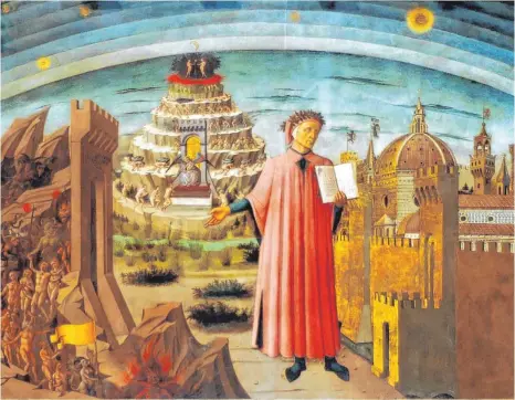 ?? FOTO: IMAGO IMAGES ?? Auch wenn Dante einst seine Heimatstad­t Florenz verlassen musste, wird der Dichter dort längst an prominente­r Stelle verehrt. Im Dom ist das wundervoll­e Fresco von Domenico di Michelino zu sehen, das den Dichter umgeben von Motiven aus seiner „Divina Commedia“zeigt.