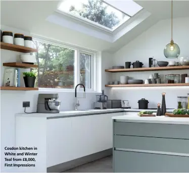  ??  ?? Cosdon kitchen in White and Winter Teal from £8,000, First Impression­s