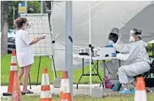  ?? ASSOCIATED PRESS] ?? In this July 17 photo, health care workers take informatio­n from people in line at a walk-up COVID-19 testing site during the coronaviru­s pandemic in Miami Beach, Fla. [LYNNE SLADKY/ THE