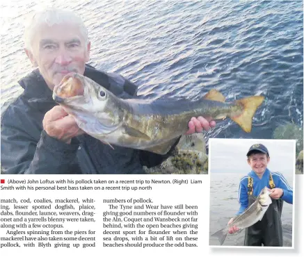  ??  ?? (Above) John Loftus with his pollock taken on a recent trip to Newton. (Right) Liam Smith with his personal best bass taken on a recent trip up north