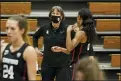  ?? AP ?? Stanford head coach Tara VanDerveer talks with guard Kiana Williams during a break in the action against Pacific in the first half in Stockton, Calif., Tuesday.