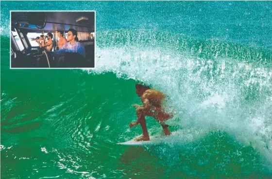  ?? Pictures: DICK HOOLE/SUPPLIED ?? Gold Coast surfing cult hero Michael Peterson continues to be one of Rip Curl’s favourite team riders. And (inset) Doug “Claw” Warbick (at the wheel) and fellow owner Brian “Singding” Singer will be revealed in Tim Baker’s book The Rip Curl Story at Surf World.