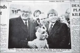  ??  ?? The 1979 general election campaign began early for every man and his dog, The Oban Times reports on March 23, 1978, as Prime Minister Jim Callahan ‘shares a lucky mascot with Argyll prospectiv­e candidate Mr Malcolm Macgregor after arriving in Dunoon on...