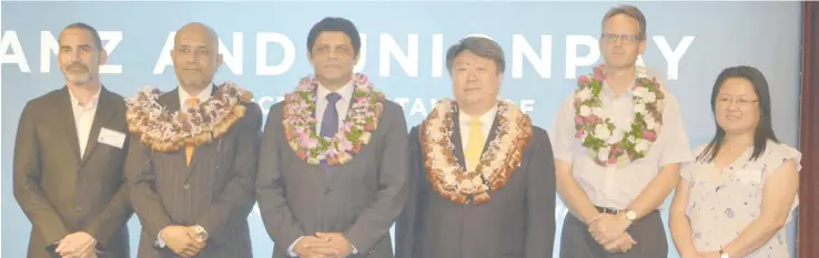  ?? Photo: Waisea Nasokia ?? From left: Tourism Fiji Executive Chairman Truman Bradley, ANZ Fiji Acting CEO Saud Minam, Attorney-General Aiyaz Sayed-Khaiyum, UnionPay Internatio­nal chief executive officer Cai Jianbo, Radisson Blu Resort general manager Gerard Knight and Fijian...