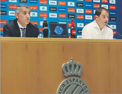  ?? FOTO: PEP MORATA ?? El consejero delegado Ramón Robert y el director deportivo Jordi Lardín Hablaron de muchos nombres