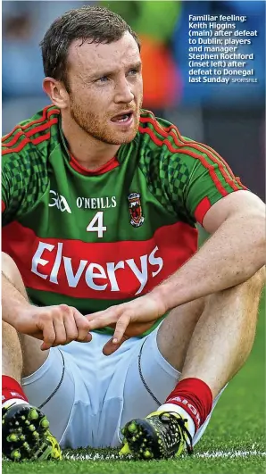  ?? SPORTSFILE ?? Familiar feeling: Keith Higgins (main) after defeat to Dublin; players and manager Stephen Rochford (inset left) after defeat to Donegal last Sunday