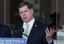  ??  ?? STILL A WAYS TO GO: Mayor Martin Walsh, speaking at City Hall on Friday, said recent tests indicate that 90 percent of people in the city still haven’t been exposed to the coronaviru­s.