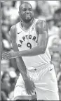  ?? FRANK GUNN / THE CANADIAN PRESS VIA AP ?? Serge Ibaka reacts during the Raptors’ 114-106 victory over the Washington Wizards in Toronto on Saturday in Game 1 of their quarterfin­al playoff series.