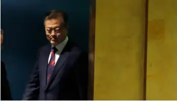  ??  ?? South Korea’s President Moon Jae-in arrives to address the 73rd session United Nations General Assembly, at U.N. headquarte­rs, on Wednesday. AP PhoTo/RIchARd dRew