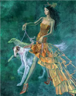  ??  ?? “Borzoi Strut" Oil On Canvas, 60” X 48"
“Fashion is definitely a great influence… I love drama, dramatic posing, and lighting” - Barbara Tyler Ahlfield
