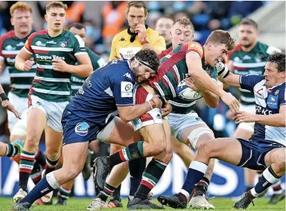  ?? PICTURES: GETTY IMAGES ?? ROARING SUCCESS: Clockwise, from top, Tigers try scorer Guy Porter on the charge against Bordeaux; Tigers captain Ellis Genge celebrates their win at the final whistle; Tigers’ Juan Pablo Socino is tackled as he tries to charge up field; and Bordeaux’s French centre Yoram Moefana cannot break through Tigers’ formidable defence