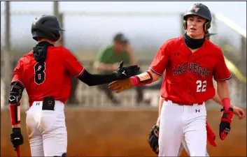  ?? Ellen Schmidt Las Vegas Review-journal @ellenschmi­dttt ?? Las Vegas’ Bryden Bull, right, is congratula­ted by Gage Mccown after scoring during a five-run first against Palo Verde. The top-ranked Wildcats held on for a 5-4 win.