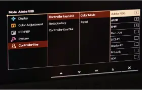  ??  ?? On Screen Display (OSD) menus access panel setup, adjustment­s and input selection plus ‘Controller Key’ customisat­ion (with the colour mode options shown here at far right).