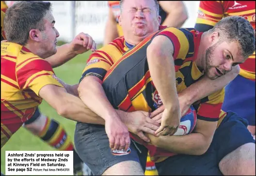  ?? Picture: Paul Amos FM4543701 ?? Ashford 2nds’ progress held up by the efforts of Medway 2nds at Kinneys Field on Saturday. See page 52