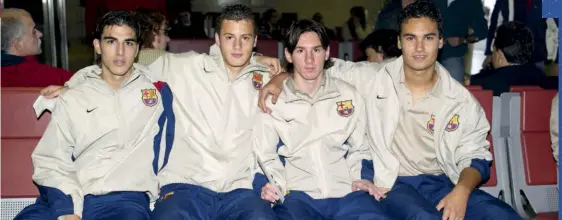  ??  ?? Above Messi with fellow La Masia graduates Jordi Gomez, Oriol Riera and Xavi Ginard, before Leo made his first-team bow