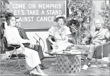  ?? BARNEY SELLERS/THE COMMERCIAL APPEAL FILES ?? Host celebritie­s kept the action going between acts and auctions on Aug. 28, 1970, during the 10-hour telethon at WMC-TV to raise $75,000 for the Memphis and Shelby County chapter of the American Cancer Society. Guest hosts included (from left),...