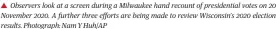  ?? Photograph: Nam Y Huh/AP ?? Observers look at a screen during a Milwaukee hand recount of presidenti­al votes on 20 November 2020. A further three efforts are being made to review Wisconsin’s 2020 election results.