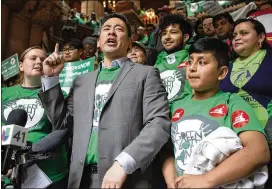  ?? NEW YORK TIMES ?? In May at the state Capitol in Albany, New York, Steven Choi, head of the New York Immigratio­n Coalition, speaks in support of a law allowing undocument­ed immigrants to obtain driver’s licenses. A handful of county clerks in New York say they will refuse to grant licenses, heading for a political clash when the law takes effect in December.